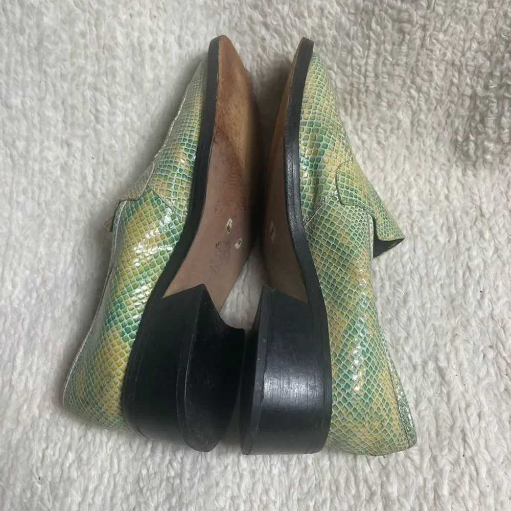 MABOU leather snake skin print Green and Yellow Loafers Block heels SZ8